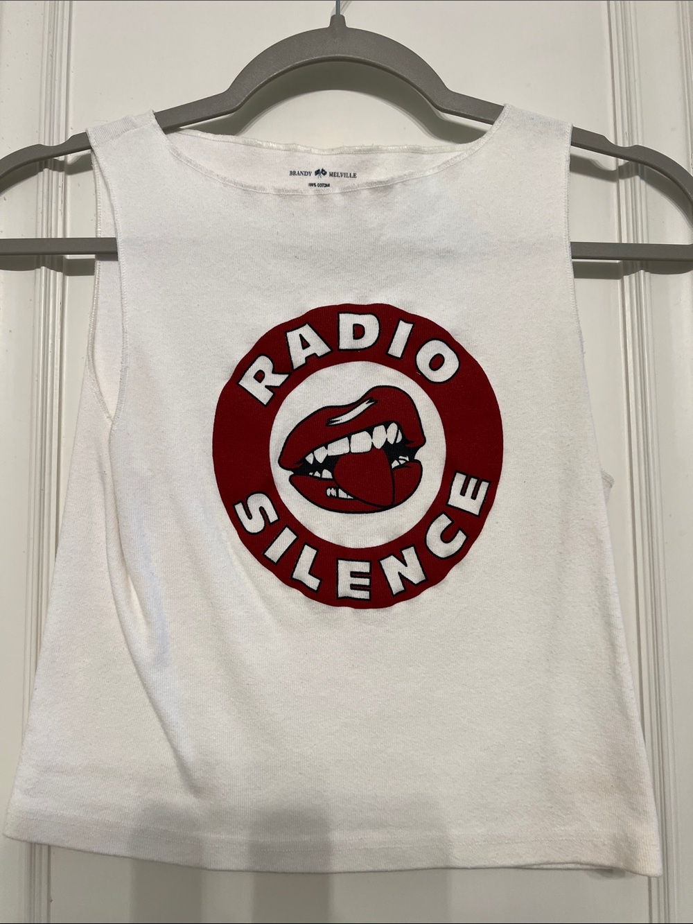 Brandy Melville White Tank with Red 'Radio Silence' Graphic